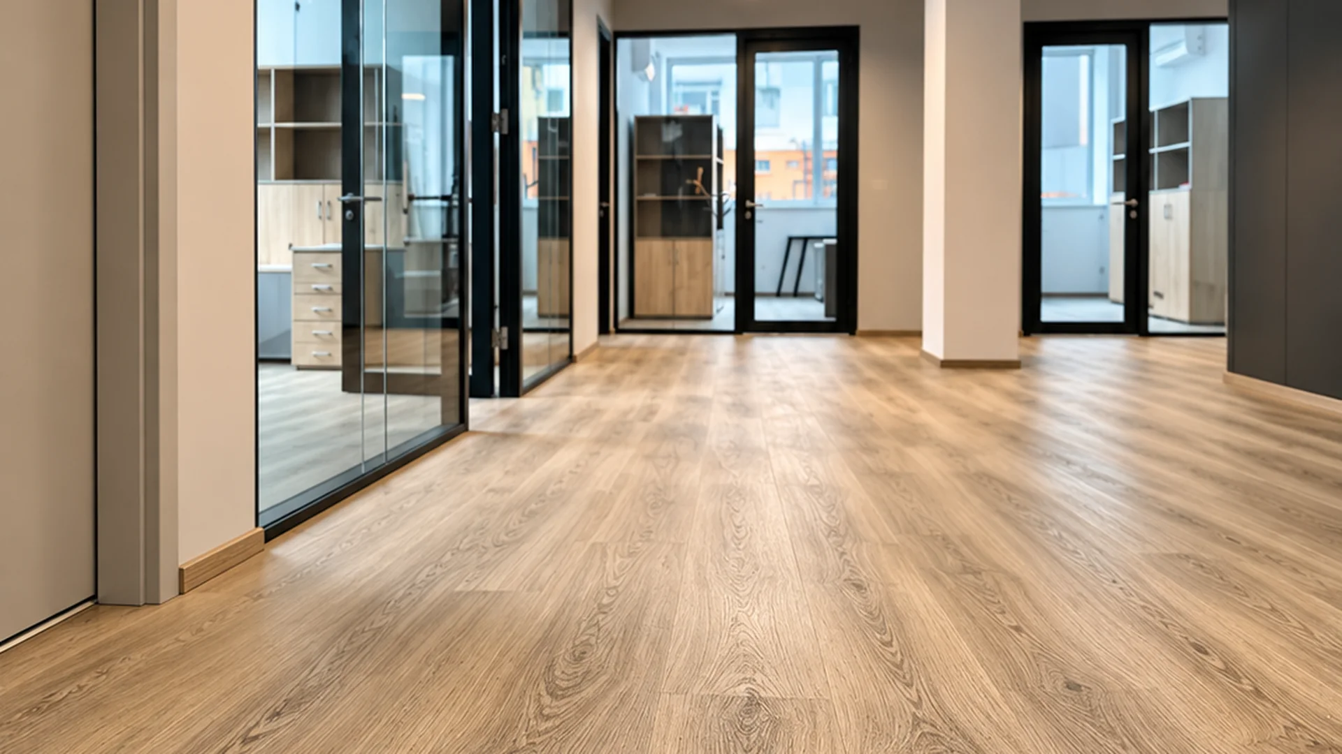 Detail plovoucí podlahy v chodbě moderního kancelářského objektu