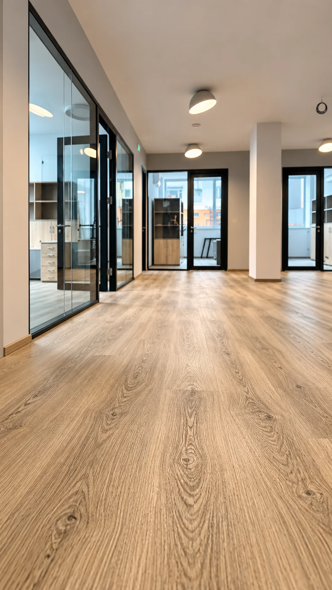 Detail plovoucí podlahy v chodbě moderního kancelářského objektu