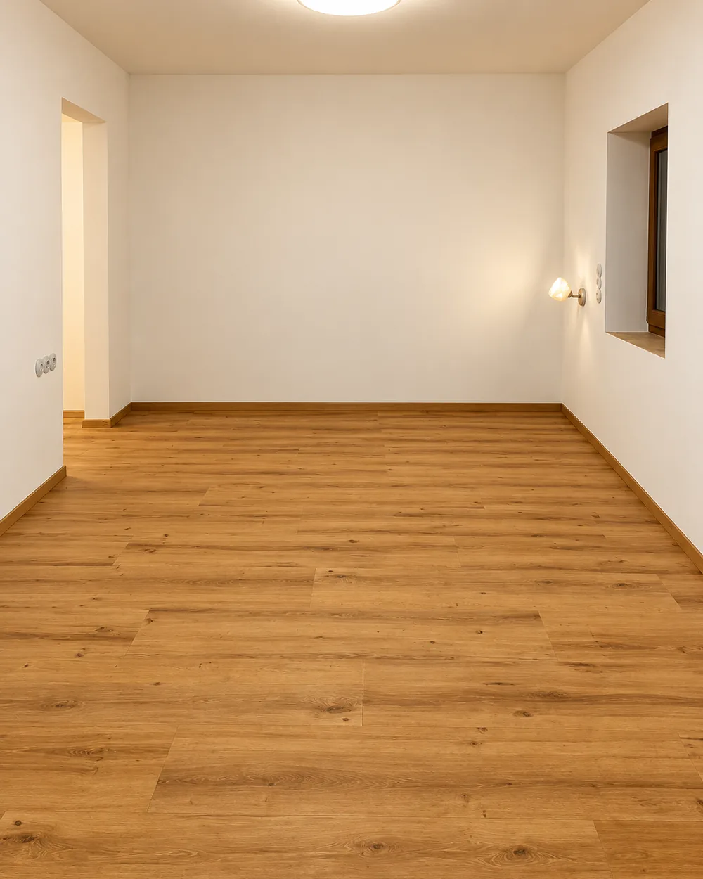 Dokončená vinylová podlaha v obytném interiéru se světlými stěnami.